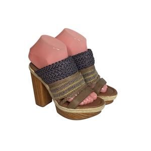 Lucky Brand Open Toe Platform Mules Sz. 7.5 EUC Mika Faux Wood Block Heels 4in